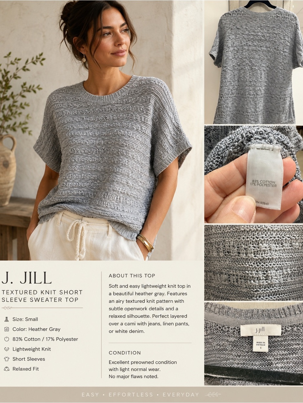 J. Jill Textured Knit Short Sleeve Sweater Top Gray Size S